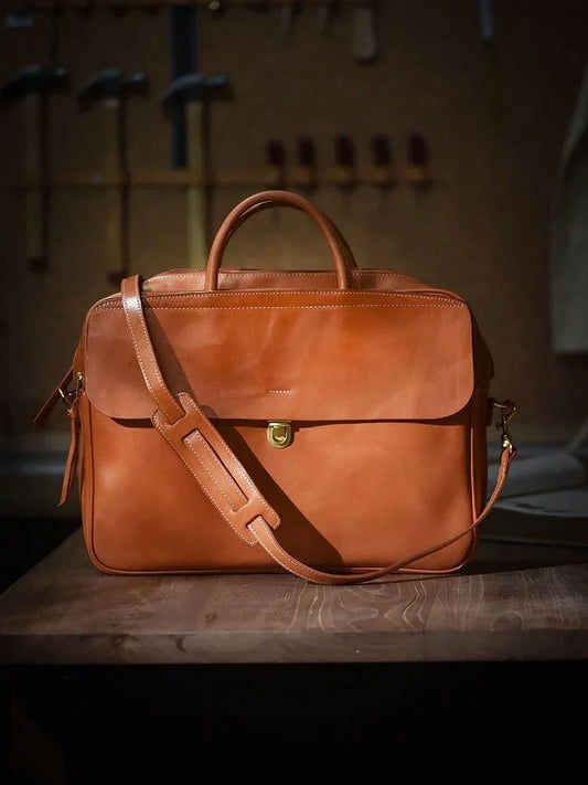 Men's Full Grain Leather Briefcase | Handmade Vintage Vegetable-Tanned Business Laptop Bag with trolley sleeve