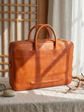 Men's Full Grain Leather Briefcase | Handmade Vintage Vegetable-Tanned Business Laptop Bag with trolley sleeve
