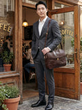 Men's Full Grain Leather Briefcase | Handmade Vintage Vegetable-Tanned Business Laptop Bag with trolley sleeve
