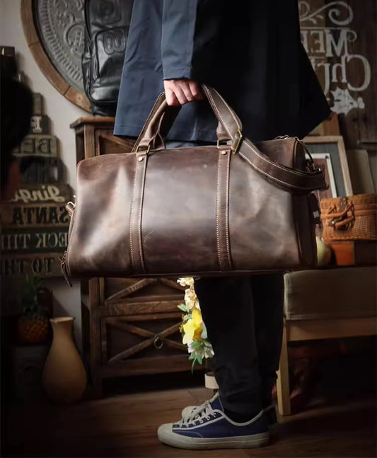 Men's Handmade Full Grain Leather Travel Duffel – Large Crazy Horse Leather Weekender | Carry-On Bag for Business, Camping & Short Trips