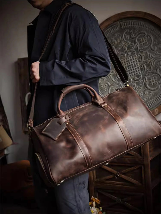 Men's Handmade Full Grain Leather Travel Duffel – Large Crazy Horse Leather Weekender | Carry-On Bag for Business, Camping & Short Trips