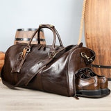 Men's Leather Travel Duffel Bag - Grain Leather Gym Bag with Shoe Compartment, Handheld and Crossbody Carry, Large Weekender Bag