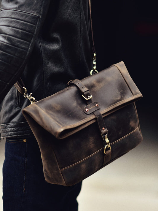 Men's Vintage Crazy Horse Leather Messenger Bag|Handmade Rugged Fold-Over Motorcycle Crossbody & Commuter Satchel