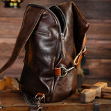 Men's Vintage Full-Grain Leather Sling Bag, Handmade Casual Large Crossbody Chest Pack, Convertible Backpack
