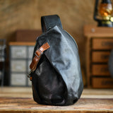 Men's Vintage Full-Grain Leather Sling Bag, Handmade Casual Large Crossbody Chest Pack, Convertible Backpack