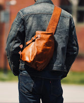 Men's Vintage Full-Grain Leather Sling Bag, Handmade Casual Large Crossbody Chest Pack, Convertible Backpack