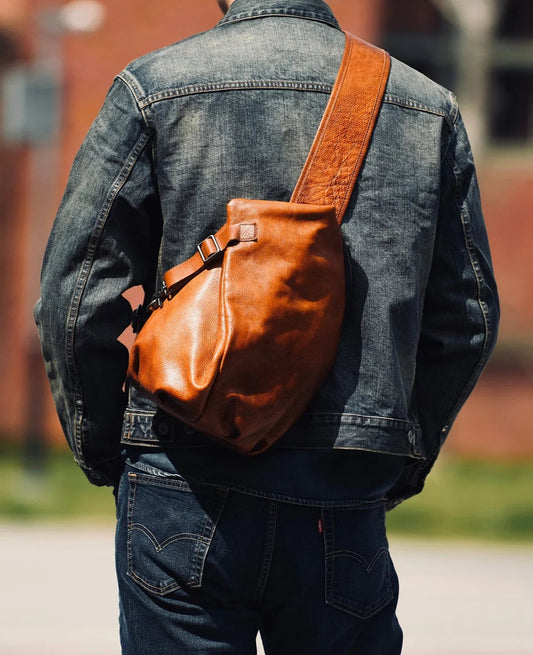 Men's Vintage Full-Grain Leather Sling Bag, Handmade Casual Large Crossbody Chest Pack, Convertible Backpack