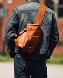 Men's Vintage Full-Grain Leather Sling Bag, Handmade Casual Large Crossbody Chest Pack, Convertible Backpack