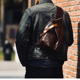Men's Vintage Full-Grain Leather Sling Bag, Handmade Casual Large Crossbody Chest Pack, Convertible Backpack
