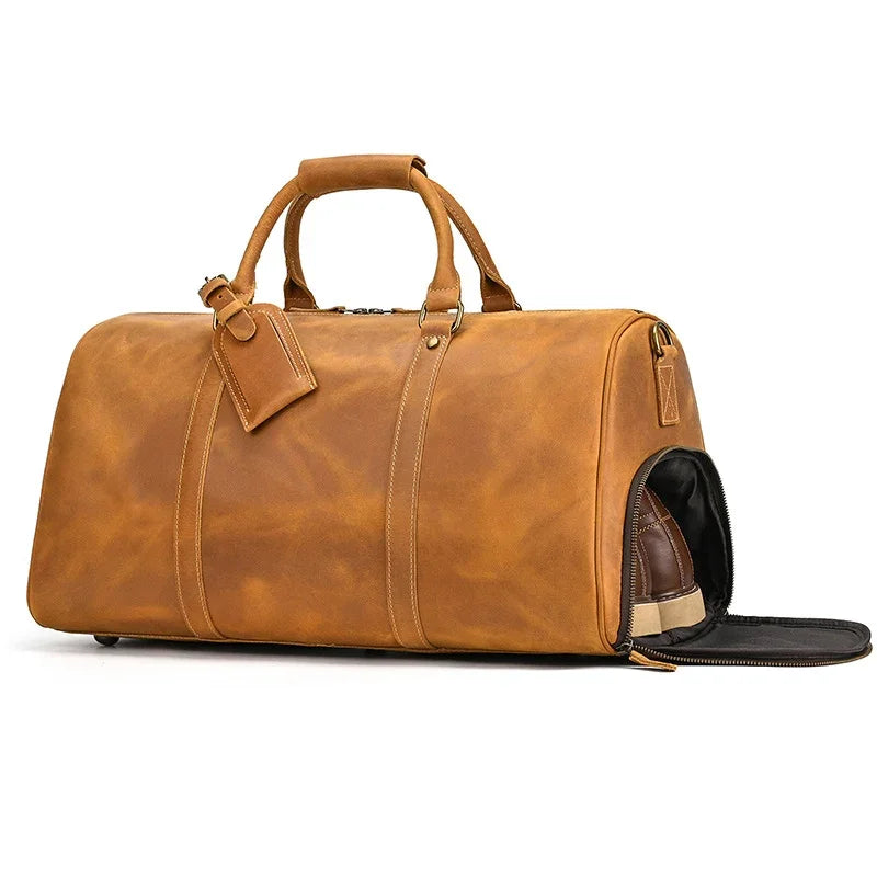 Men's or Women's Crossbody Bag Travelling, Premium Leather Travel Duffel Bag | Carry-All Duffel - Handcrafted Waterproof Gym Carry-On with Shoe Compartment Tan Brown