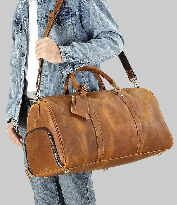 Men's or Women's Crossbody Bag Travelling, Premium Leather Travel Duffel Bag | Carry-All Duffel - Handcrafted Waterproof Gym Carry-On with Shoe Compartment Tan Brown