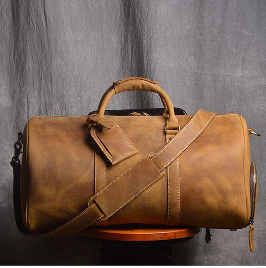 Men's or Women's Crossbody Bag Travelling, Premium Leather Travel Duffel Bag | Carry-All Duffel - Handcrafted Waterproof Gym Carry-On with Shoe Compartment Tan Brown