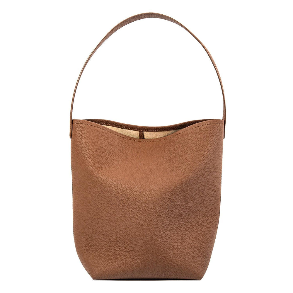 Tan minimalist leather bucket bag with shoulder strap, large unisex tote bag