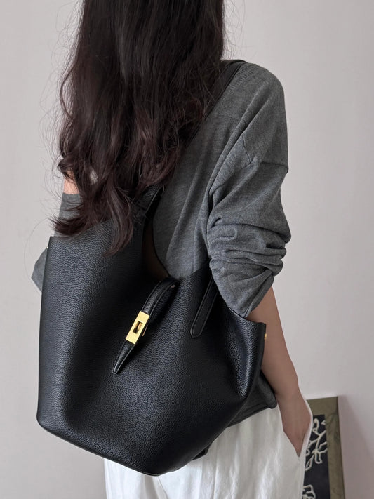 Minimalist Pebbled Leather Tote Bag with Pouch | Large Shoulder Laptop Bucket Bag (2 In 1)