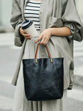 Minimalist Vintage Cowhide Leather Bucket Bag, HandmadeTote Shoulder Bag for Women, Elegant Everyday & Wedding Purse