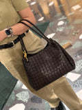 Noir Woven Lambskin Leather Shoulder Bag with Braided Handle and Gold Accents