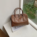 Women's Vegetable-Tanned Cowhide Leather Boston Bag | Vintage Pillow Tote | Top Handle Shoulder Crossbody Handbag in Two Sizes