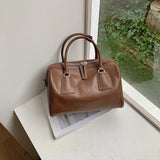 Women's Vegetable-Tanned Cowhide Leather Boston Bag | Vintage Pillow Tote | Top Handle Shoulder Crossbody Handbag in Two Sizes