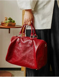Large Cowhide Leather Boston Bag, Vintage Matte Leather Crossbody & Commuter Satchel with Sheep Charm