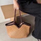Handwoven Full Grain Cowhide Leather Basket Tote | V-Cut Rim Leather Shoulder Bag | Summer Beach Bag in Two Sizes