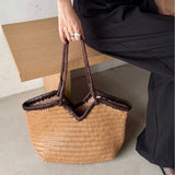 Handwoven Full Grain Cowhide Leather Basket Tote | V-Cut Rim Leather Shoulder Bag | Summer Beach Bag in Two Sizes