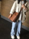 Full Grain Leather Shoulder Bag, Wide Shoulder Strap Crossbody Bag, Retro Leather Bucket Bag, Valentine Gift for her
