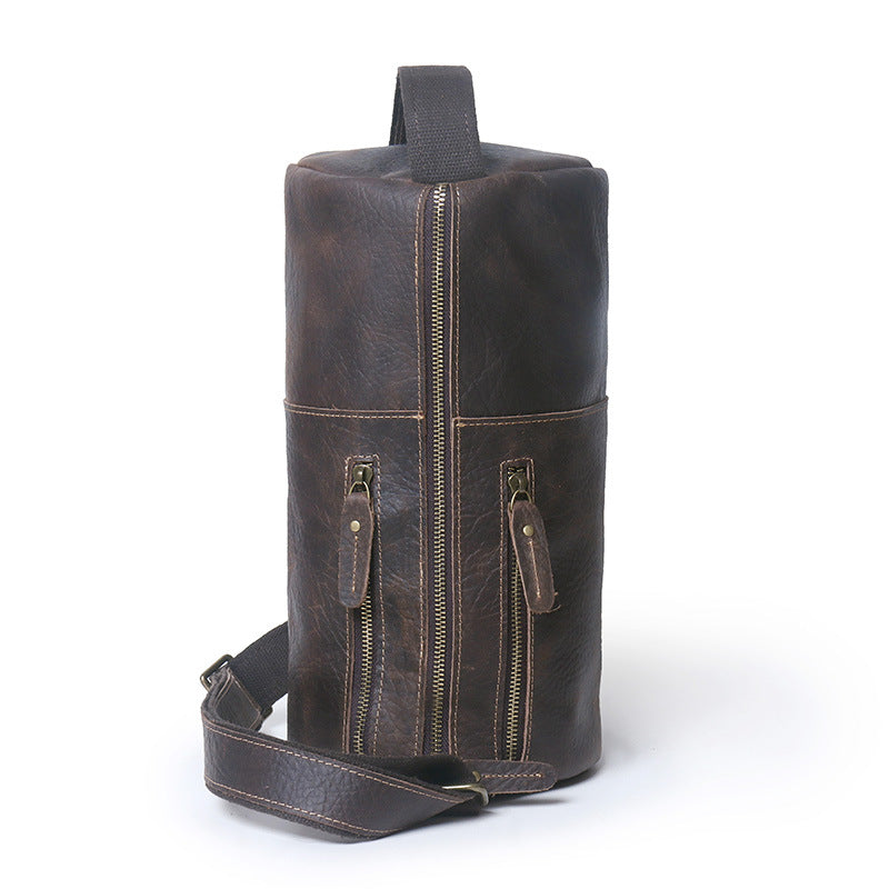 Handcrafted Full Grain Leather Round Barrel Bag | Men's Vintage Motorcycle Crossbody Sling Bag