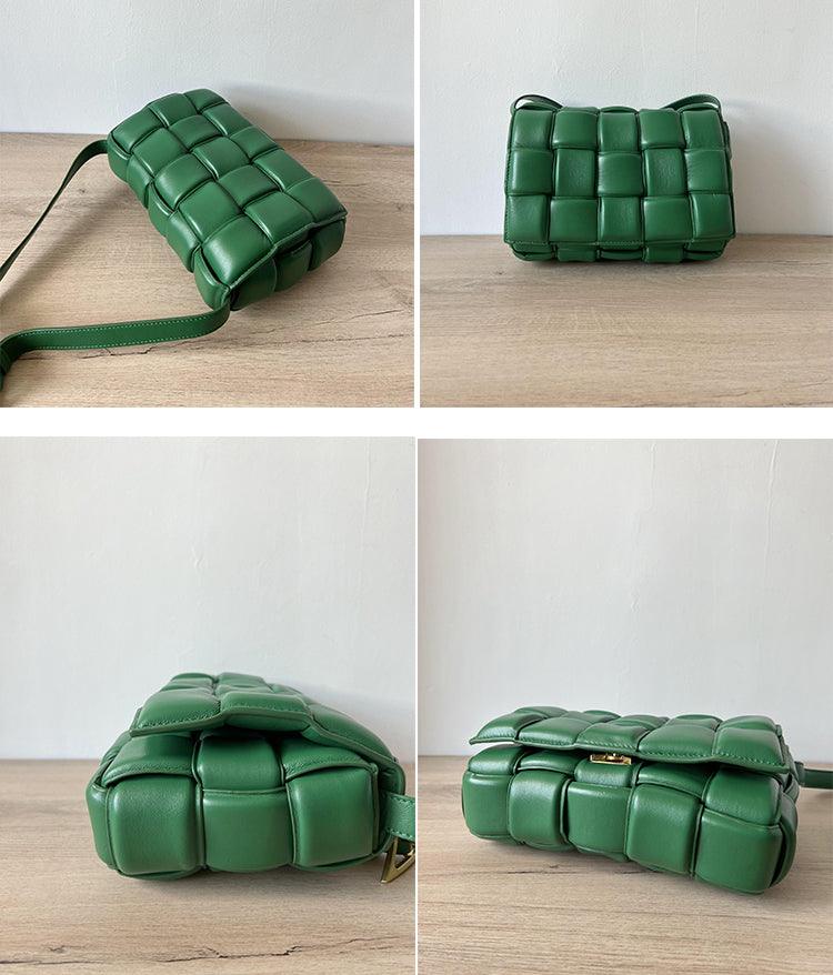 Green woven leather crossbody bag with padded texture, shown from multiple angles on a wooden surface.