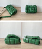 Green woven leather crossbody bag with padded texture, shown from multiple angles on a wooden surface.