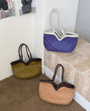 Handwoven Full Grain Cowhide Leather Basket Tote | V-Cut Rim Leather Shoulder Bag | Summer Beach Bag in Two Sizes