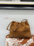 Luxurious Handwoven Lambskin Handbag Drawstring, Genuine Leather Shoulder Bucket Bag for Women