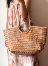 Handmade Woven Leather Tote Bag, Full Grain Leather Hand Woven Triple Jump Bamboo Ladies HoBo Bag, Curve Opening Summer Holiday Basket Bag