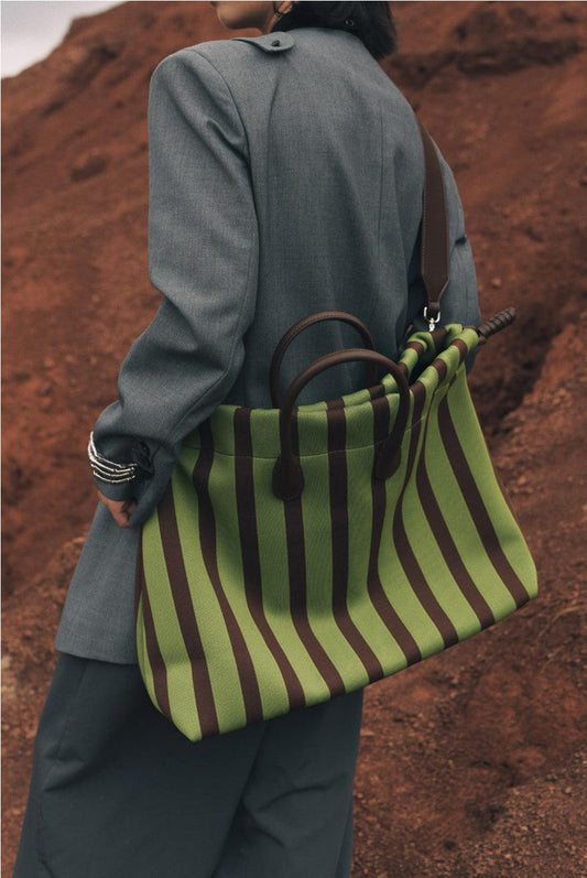 Olive & Espresso Striped Canvas Oxford Large Tote with Leather Accents | Elegant Shopper's Handbag with Crossbody Option, Women Laptop Bag