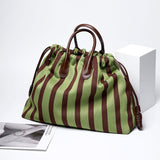 Olive & Espresso Striped Canvas Oxford Large Tote with Leather Accents | Elegant Shopper's Handbag with Crossbody Option, Women Laptop Bag