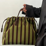 Olive & Espresso Striped Canvas Oxford Large Tote with Leather Accents | Elegant Shopper's Handbag with Crossbody Option, Women Laptop Bag