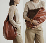 Oversized Fashion Cowhide Leather and Suede Double-sided Chain Boho Bag, Must-have Fashion Slouchy Tote Bag,