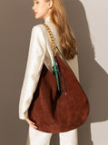 Oversized Fashion Cowhide Leather and Suede Double-sided Chain Boho Bag, Must-have Fashion Slouchy Tote Bag,