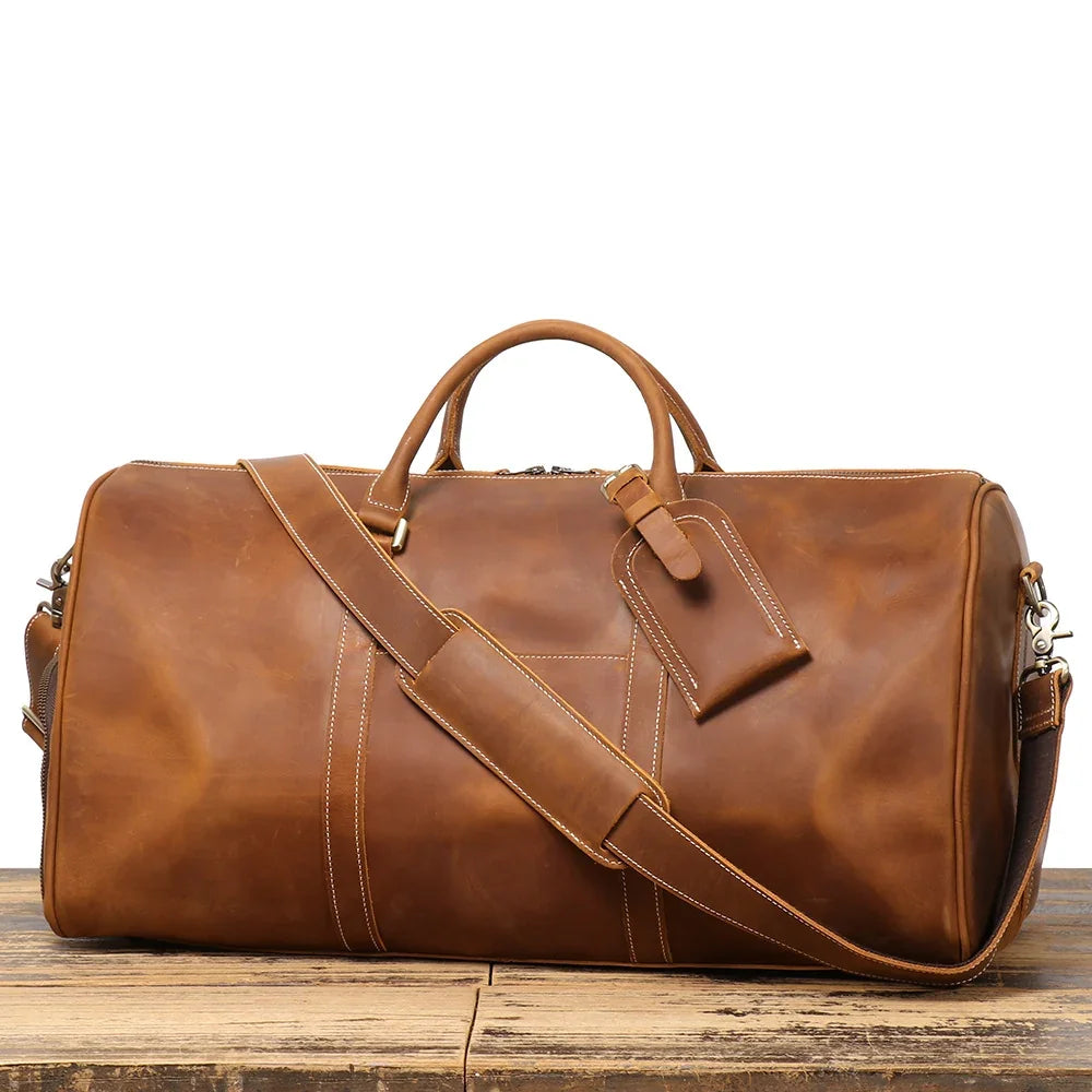 Alexel Crafts Crazy Horse full grain leather travel duffle bag with trolley sleeve in Dark Brown, detail view 7