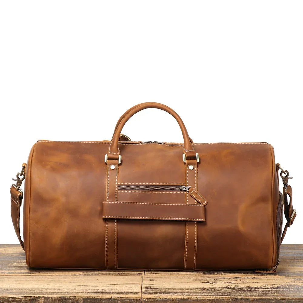 Alexel Crafts Crazy Horse full grain leather travel duffle bag with trolley sleeve in Dark Brown, detail view 8