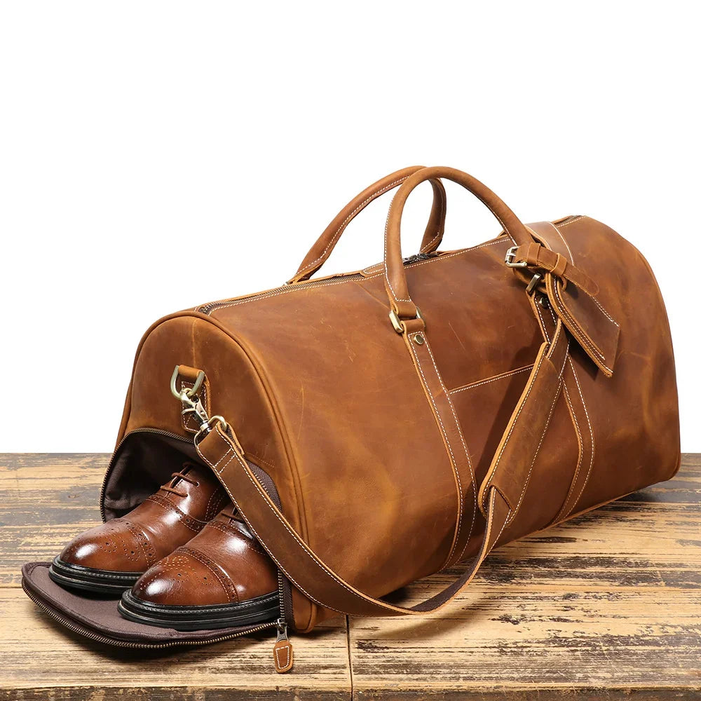 Alexel Crafts Crazy Horse full grain leather travel duffle bag with trolley sleeve in Dark Brown, detail view 9