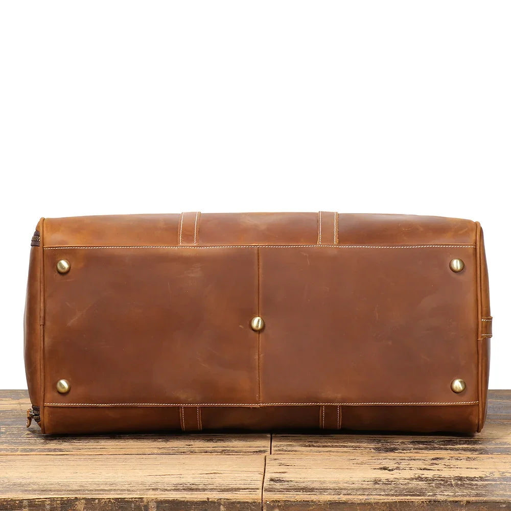 Alexel Crafts Crazy Horse full grain leather travel duffle bag with trolley sleeve in Dark Brown, detail view 10