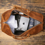 Alexel Crafts Crazy Horse full grain leather travel duffle bag with trolley sleeve in Dark Brown, detail view 13