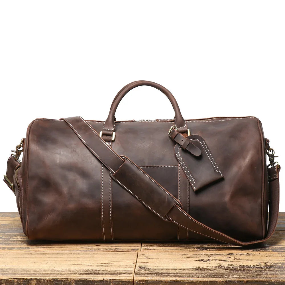 Premium Handmade Crazy Horse Leather Travel Duffel Bag | Large Full Grain Leather Weekend Bag With Trolley Sleeve Dark Brown