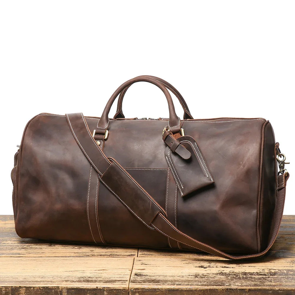 Premium Handmade Crazy Horse Leather Travel Duffel Bag | Large Full Grain Leather Weekend Bag With Trolley Sleeve Dark Brown