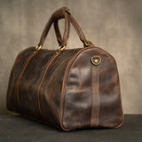 Premium Handmade Crazy Horse Leather Travel Duffel Bag | Large Full Grain Leather Weekend Bag With Trolley Sleeve Dark Brown