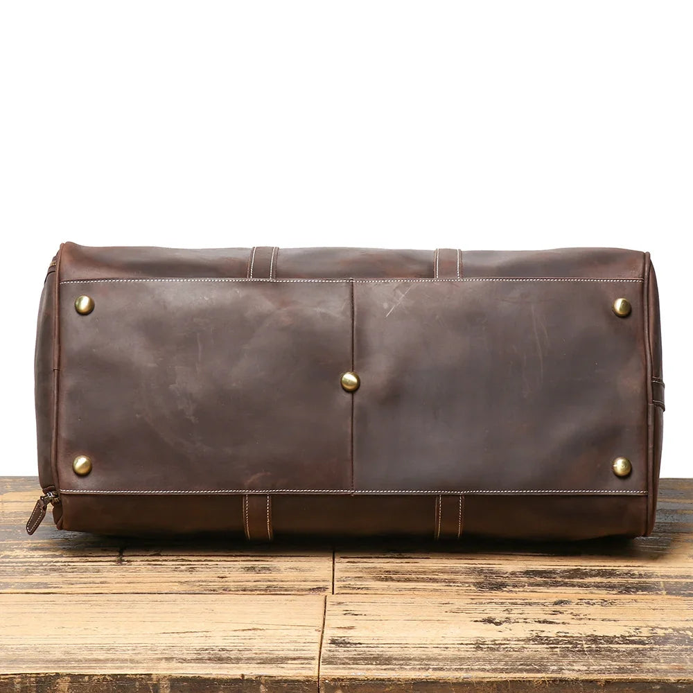 Premium Handmade Crazy Horse Leather Travel Duffel Bag | Large Full Grain Leather Weekend Bag With Trolley Sleeve Dark Brown
