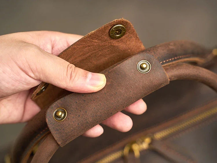 Alexel Crafts Crazy Horse full grain leather travel duffle bag with trolley sleeve in Dark Brown, detail view 5