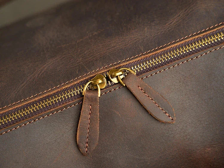 Alexel Crafts Crazy Horse full grain leather travel duffle bag with trolley sleeve in Dark Brown, detail view 2