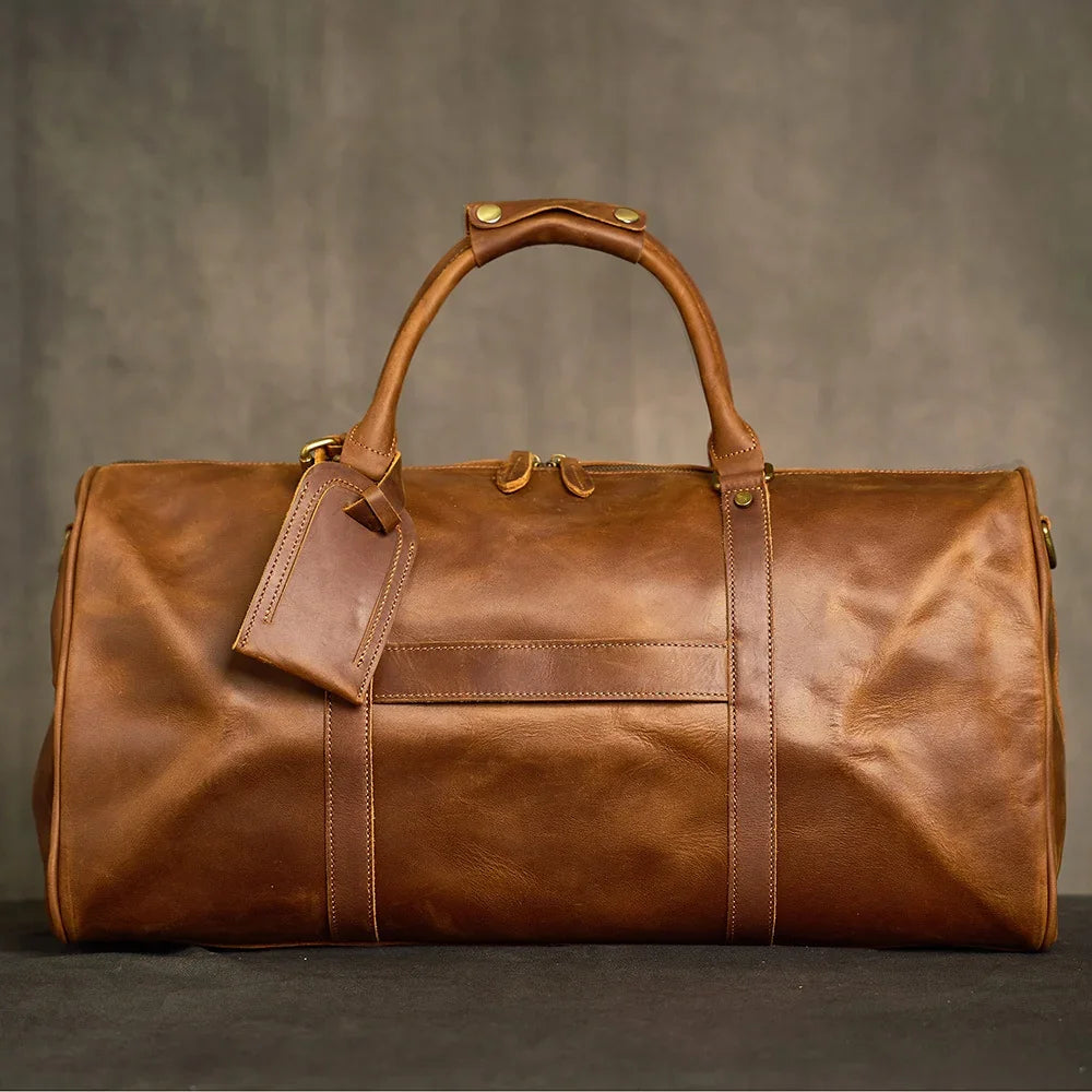 Crazy Horse Full Grain Leather Travel Duffle Bag with Trolley Sleeve | Weekender Tote for Men & Women