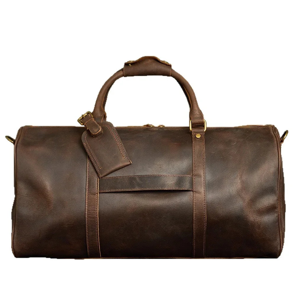 Crazy Horse Full Grain Leather Travel Duffle Bag with Trolley Sleeve | Weekender Tote for Men & Women